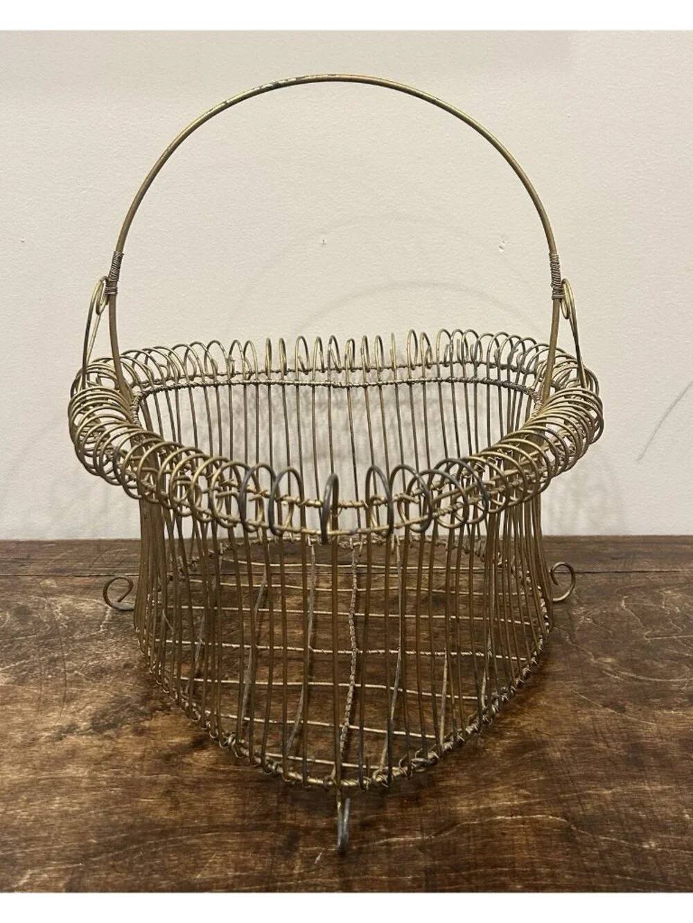 Vintage French Country Heart Shaped Wire Gathering Basket footed 14” Tall Rustic